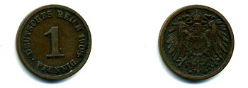 ГЕРМАНИЯ 1 ПФЕННИГ 1908 G KM 10, J 10 медь 35-957