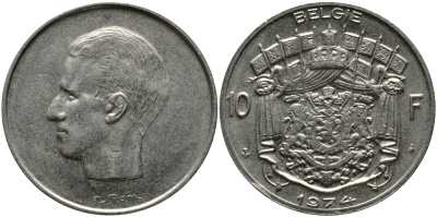 БЕЛЬГИЯ 10 ФРАНКОВ 1974 BELGIE, БОДУЭН I (1951-1993) KM 156.1 никель 3333-1044