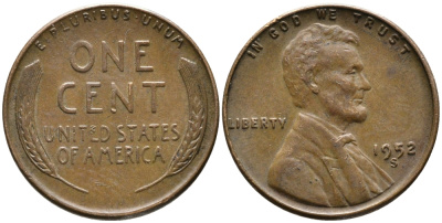 США 1 ЦЕНТ 1952 S, ЛИНКОЛЬН KM А132 медь цинк 100-513