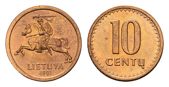 Литва 10 центов (сентов) 1991 год-тип KM 88 бронза UNC 4651-211