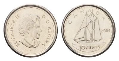 Канада 10 центов 2004 P, Елизавета II (1952-2022), парусник KM 492 сталь плакированная никелем UNC 4689-625