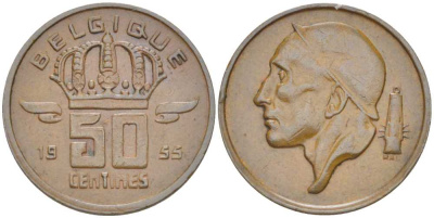 БЕЛЬГИЯ 50 САНТИМОВ 1955 BELGIQUE, БОДУЭН I (1951-1993) KM 144 бронза 214-446
