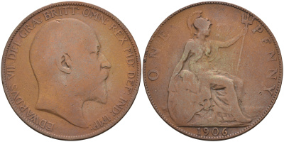 Великобритания 1 пенни 1906 Эдуард VII (1901-1910) KM 794.2, Spink 3990 бронза 4593-134