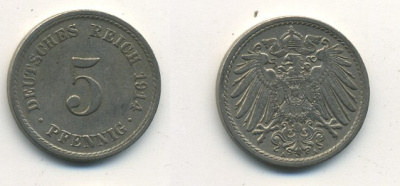 ГЕРМАНИЯ 5 ПФЕННИГОВ 1914 A, KM 11, J. 12 медно-никель 54-645