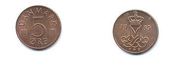 ДАНИЯ 5 ЭРЕ 1980 B; B, МАРГРЕТЕ II (1972-) KM 859.2 железо плакированное медью 23-521