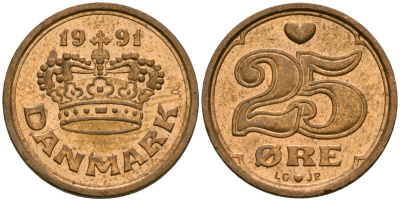 Дания 25 эре 1991 Маргрете II (1972- ) KM 868 бронза 4136-357