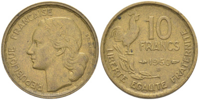 Франция 10 франков 1950 В, петух KM 915.2, Le Frank 363.5 алюминиевая бронза 212-1245