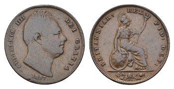Великобритания 1 фартинг 1837 Вильгельм IV (1830-1837) KM 705, Spink 3848 медь 4174-164