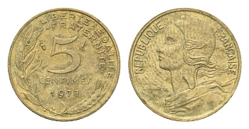Франция 5 сантимов 1977 KM 933 алюминиевая бронза 4702-1238