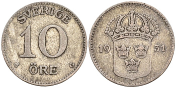 Швеция 10 эре 1931 G, Густав V (1907-1950) KM 780 серебро 4147-836