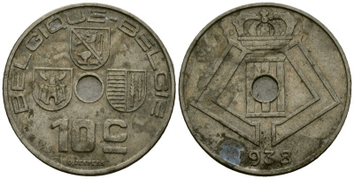 Бельгия 10 сантимов 1938 Belgique - Belgie KM 112 никель латунь 4121-411