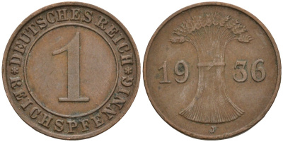 Германия 1 рейхспфенниг 1936 J KM 37, J. 313 бронза 4516-964