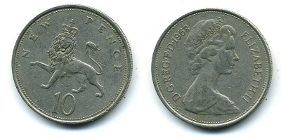 Великобритания 10 пенсов 1968 Елизавета II (1952-2022) KM 912, Spink 4231 (F1) медно-никель  4110-1122