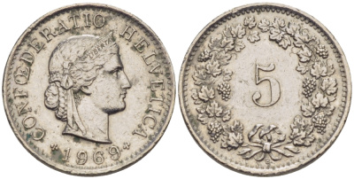 ШВЕЙЦАРИЯ 5 РАППЕНОВ 1969 В KM 26 медно-никель 66-419