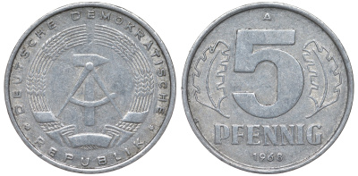 ГДР 5 ПФЕННИГОВ 1968 A KM 9.1 алюминий 62-141