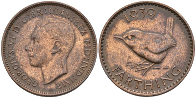Великобритания 1 фартинг 1939 Георг VI (1936-1952) KM 843, Spink 4116 бронза 4584-146