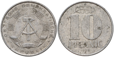 ГДР 10 пфеннигов 1968 A KM 10 алюминий 28-952