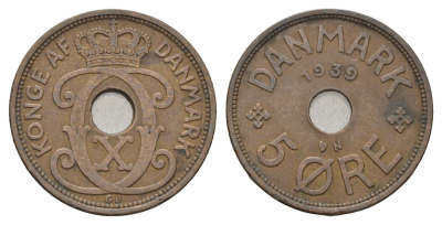 Дания 5 эре 1939 N, Кристиан X (1912-1947) KM 828 бронза 4700-851