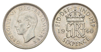 Великобритания 6 пенсов 1940 Георг VI (1936-1952) KM 852, Spink 4084 серебро 4392-1312