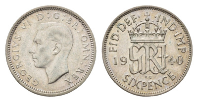 Великобритания 6 пенсов 1940 Георг VI (1936-1952) KM 852, Spink 4084 серебро 4392-1312