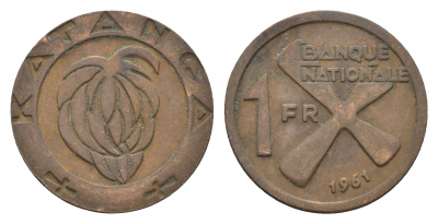 Катанга 1 франк 1961 Заир, балубский крест, связка бананов KM 1 бронза 36-426