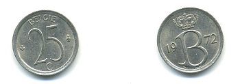 БЕЛЬГИЯ 25 САНТИМОВ 1972 BELGIE KM 154.1 медно-никель UNC 80-929