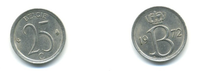 БЕЛЬГИЯ 25 САНТИМОВ 1972 BELGIE KM 154.1 медно-никель UNC 80-929