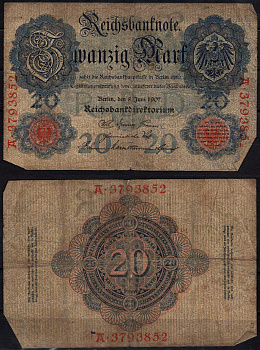 Германия 20 марок 1907 Pick 28 b бумага 6293-27-2-2