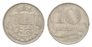 Латвия 10 сантимов 1922 год-тип KM 4 никель 4684-151
