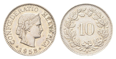 Швейцария 10 раппенов 1958 B KM 27 медно-никель 4708-211