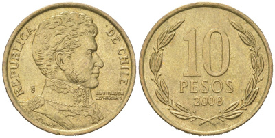Чили 10 песо 2008 So KM 228.2, Schon 82 алюминиевая бронза 4617-1054