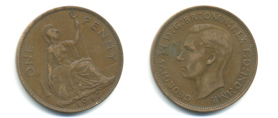Великобритания 1 пенни 1947 Георг VI (1936-1952) KM 845, Spink 4114 бронза 89-232