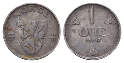 Норвегия 1 эре 1942 Хокон VII (1905-1957) KM 387 железо 4701-538