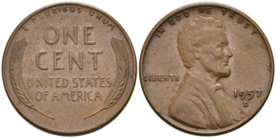 США 1 цент 1957 D, Линкольн KM А132 медь цинк 4564-269