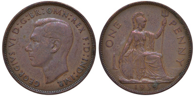 Великобритания 1 пенни 1939 Георг VI (1936-1952) KM 845, Spink 4114 бронза 4131-432