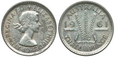 Австралия 3 пенса 1961 m, Елизавета II (1952-2022) KM 57 серебро 71-814