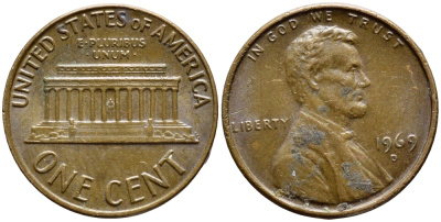 США 1 ЦЕНТ 1969 D, ЛИНКОЛЬН KM 201 медь цинк 4396-445