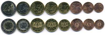 Латвия евронабор из 8 монет 2014 (1, 2, 5, 10, 20, 50 евроцентов, 1, 2 евро), две монеты биметалл UNC N5-65