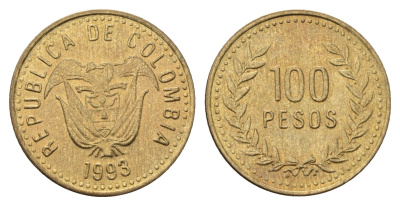 Колумбия 100 песо 1993 KM 285 латунь UNC 4698-214