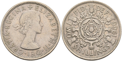 Великобритания 2 шиллинга (флорин) 1966 Елизавета II (1952-2022) KM 906, Spink 4146 медно-никель    4117-431