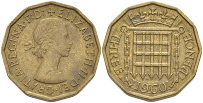 Великобритания 3 пенса 1960 Елизавета II (1952-2022) KM 900, Spink 4153 никель латунь 175-622