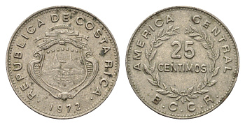 Коста-Рика 25 сентимо 1972 год-тип KM 188.2 медно-никель 4698-347
