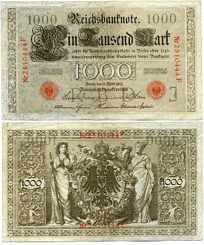 ГЕРМАНИЯ 1000 МАРОК 1910 21 АПРЕЛЯ 1910, СЕМЬ ЦИФР В НОМЕРЕ, КРАСНАЯ ПЕЧАТЬ Pick 44b бумага 6262-12-2-1
