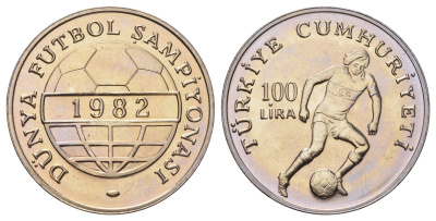 Турция 100 лир 1982 Чемпионат Мира по футболу 1982 KM 951 медно-никель BU 4558-1215