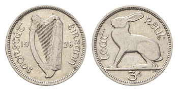 Ирландия 3 пенса 1928 заяц KM 4 никель 4696-425