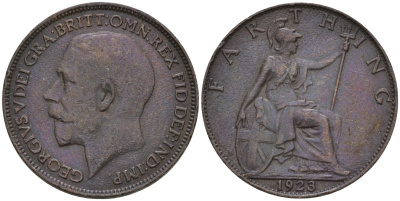 Великобритания 1 фартинг 1923 Георг V (1910-1936), светлая отделка KM 808.2, Spink 4060 бронза 4596-951