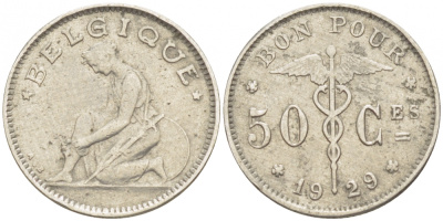 БЕЛЬГИЯ 50 САНТИМОВ 1929 BELGIQUE KM 87 никель 261-1629