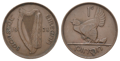 Ирландия 1 пенни 1928 курица с цыплятами KM 3 бронза 4517-622