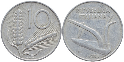 ИТАЛИЯ 10 ЛИР 1954 R, ПЛУГ KM 93 алюминий 4397-641