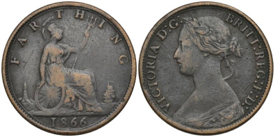 Великобритания 1 фартинг 1866 Виктория (1837-1901) KM 747.2, Spink 3958 бронза 4548-1057
